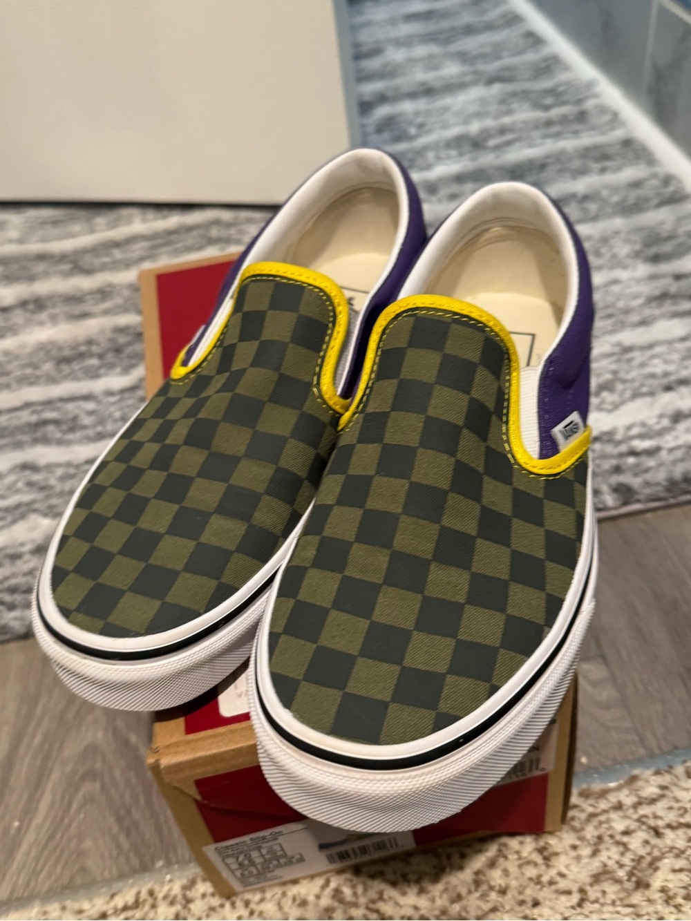 Vans OTW RALLY Slip-On Checkerboard Sneakers - Olive, Yellow & Purple